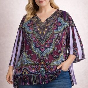 Catherine's 1X Paisley Boho Fringe Sleeve Top Embellished V Neck Plus Size